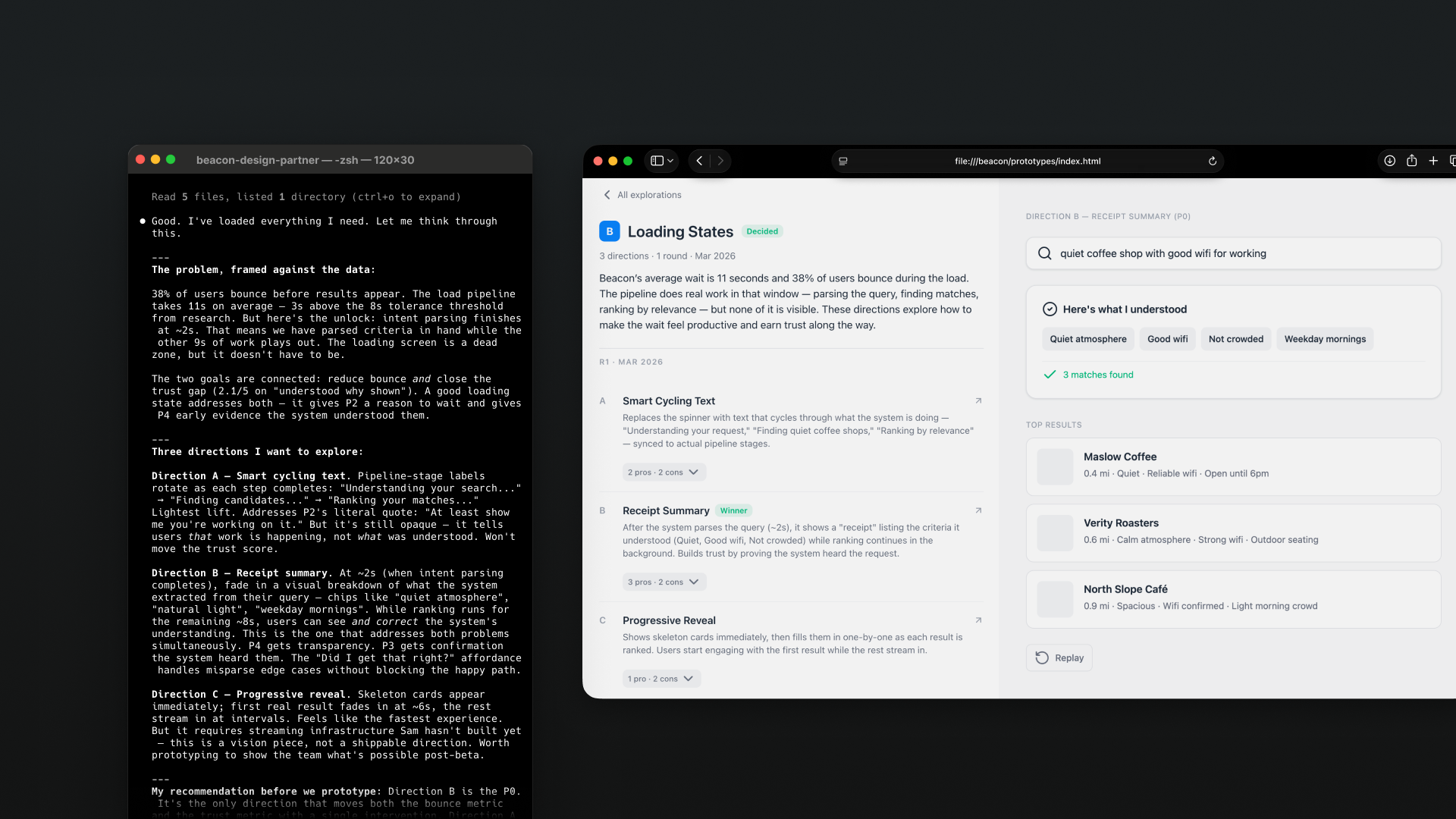 A design-partner session running in a terminal on the left, beside a polished loading-states product mockup on the right
