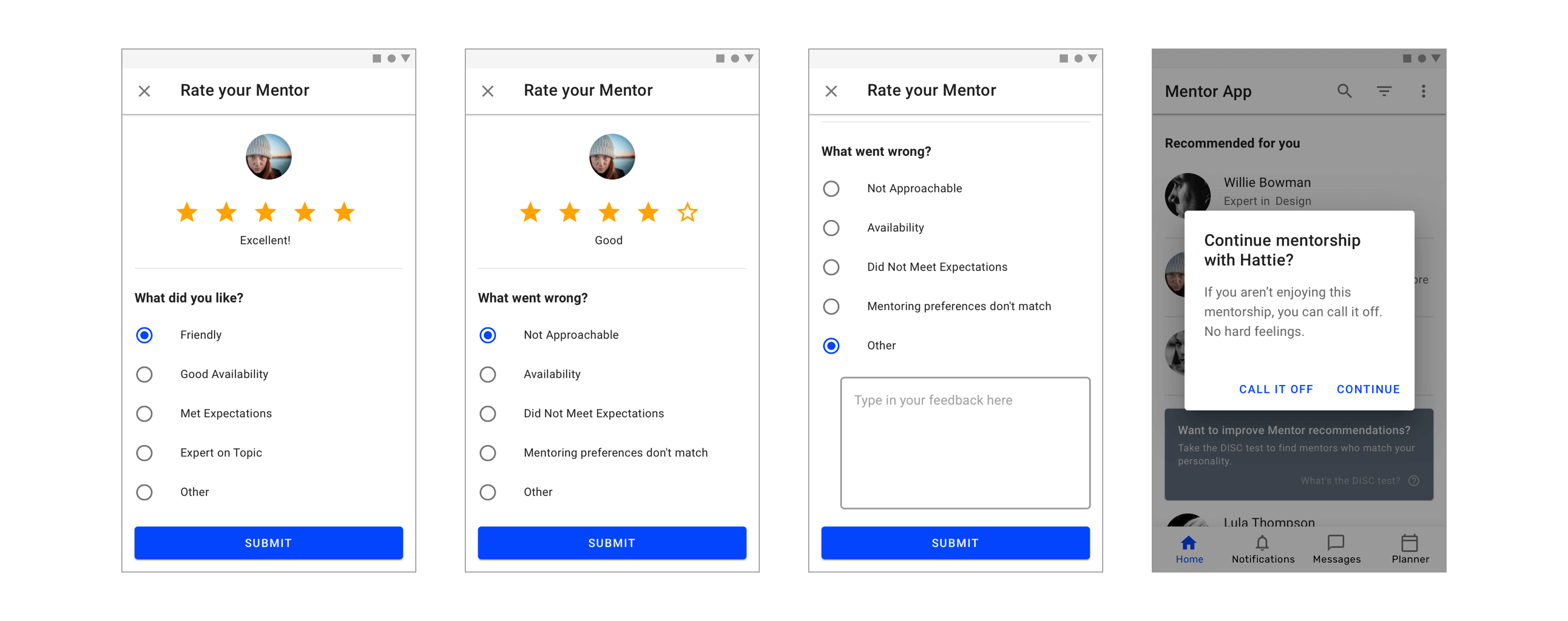 Rating and feedback screens